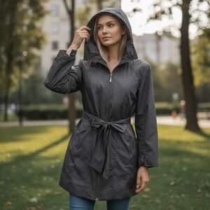 Cole Haan Black Belted Waist Trench Raincoat with Bow Sleeve Cuffs